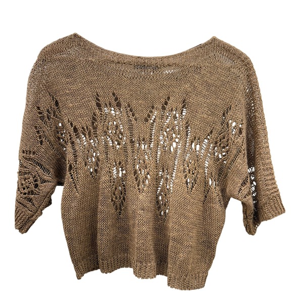 NIC+ZOE Sweaters - Nic + Zoe Crochet Knit Sweater Top Brown Open Weave Womens PS Short Sleeve Boho